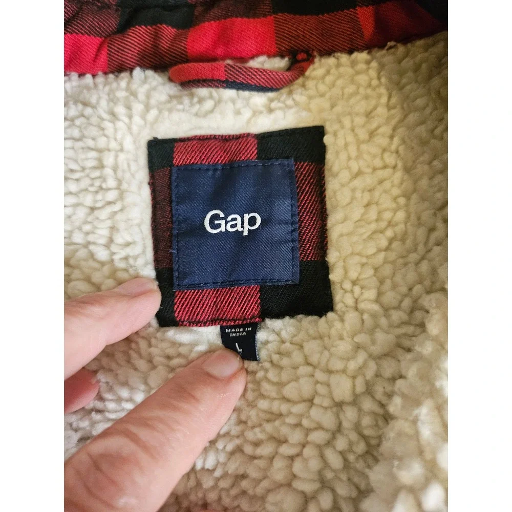 Gap Flannel Shirt Jacket Mens Large Red Buffalo Plaid Sherpa Lined Outerwear